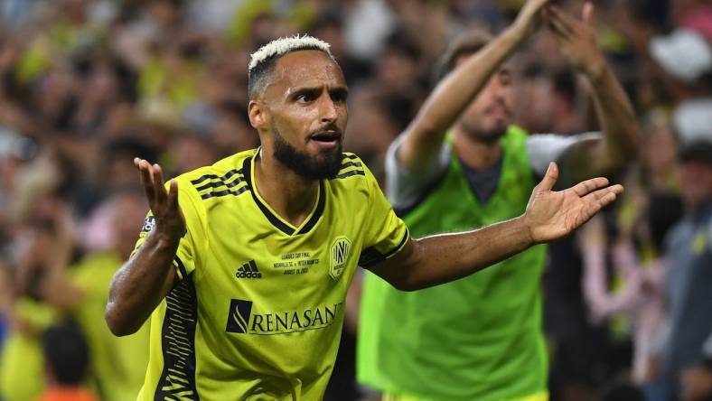 Aug 19, 2023; Nashville, TN, USA; Nashville SC midfielder Hany Mukhtar (10) reacts during the second half for the Leagues Cup Championship match against Inter Miami at GEODIS Park. Mandatory Credit: Christopher Hanewinckel-USA TODAY Sports