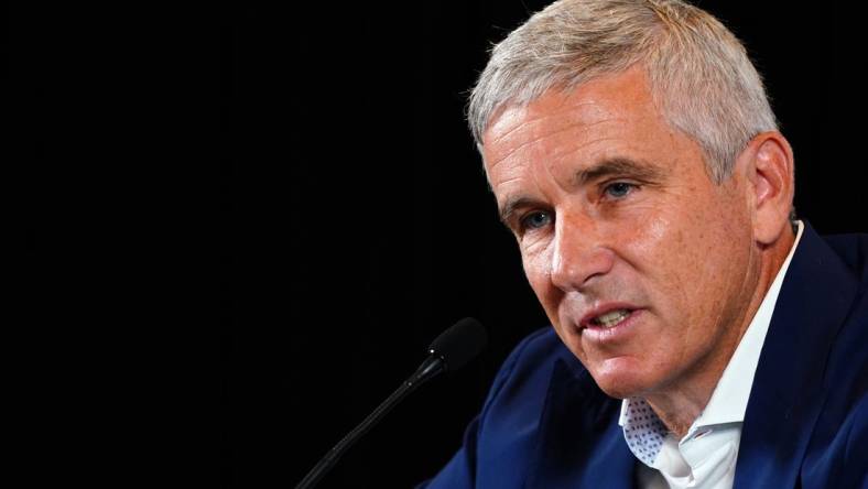 Aug 22, 2023; Atlanta, Georgia, USA; PGA Tour Commissionez  Jay Monahan addresses the media during a press conference in the Clubhouse Ballroom at East Lake Golf Club prior to Thursday   s start of the TOUR Championship golf tournament. Mandatory Credit: John David Mercer-USA TODAY Sports