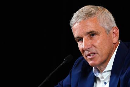 Aug 22, 2023; Atlanta, Georgia, USA; PGA Tour Commissionez  Jay Monahan addresses the media during a press conference in the Clubhouse Ballroom at East Lake Golf Club prior to Thursday   s start of the TOUR Championship golf tournament. Mandatory Credit: John David Mercer-USA TODAY Sports