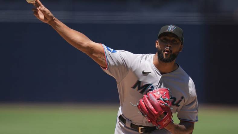 Aug 23, 2023; San Diego, California, USA;  Miami Marlins starting pitcher Sandy Alcantara (22) throws a pitch against to the San Diego Padres during the first inning at Petco Park. Mandatory Credit: Ray Acevedo-USA TODAY Sports