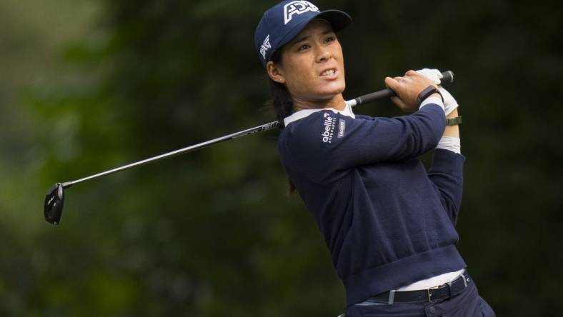 Aug 25, 2023; Vancouver, British Columbia, CAN; Celine Boutier tees off on the fourth hole during the second round of the CPKC Women's Open golf tournament at Shaughnessy Golf & Country Club. Mandatory Credit: Bob Frid-USA TODAY Sports