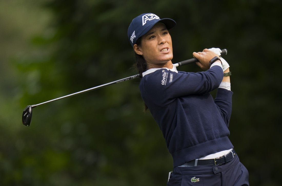 Aug 25, 2023; Vancouver, British Columbia, CAN; Celine Boutier tees off on the fourth hole during the second round of the CPKC Women's Open golf tournament at Shaughnessy Golf & Country Club. Mandatory Credit: Bob Frid-USA TODAY Sports