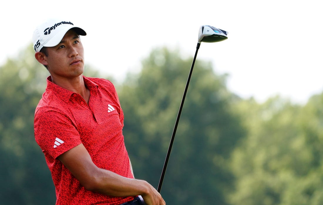 Aug 26, 2023; Atlanta, Georgia, USA; Collin Morikawa follows his shot from the fourth tee during the third round of the TOUR Championship golf tournament at East Lake Golf Club. Mandatory Credit: John David Mercer-USA TODAY Sports