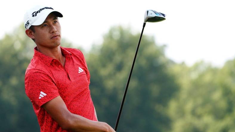 Aug 26, 2023; Atlanta, Georgia, USA; Collin Morikawa follows his shot from the fourth tee during the third round of the TOUR Championship golf tournament at East Lake Golf Club. Mandatory Credit: John David Mercer-USA TODAY Sports