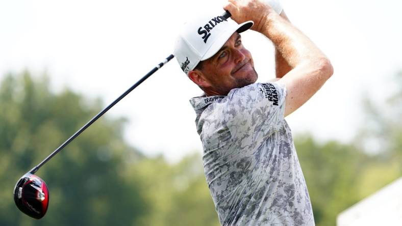 Aug 26, 2023; Atlanta, Georgia, USA; Keegan Bradley plays his shot from the fourth tee during the third round of the TOUR Championship golf tournament at East Lake Golf Club. Mandatory Credit: John David Mercer-USA TODAY Sports