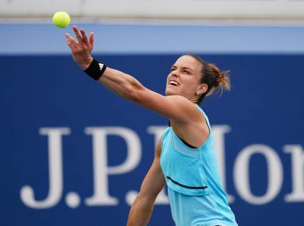 Aug 28, 2023; Flushing, NY, USA;   Maria Sakkari of Greece in action against Rebeka Masarova of Spain on day one of the 2023 U.S. Open tennis tournament at the USTA Billie Jean King National Tennis Center. Mandatory Credit: Jerry Lai-USA TODAY Sports