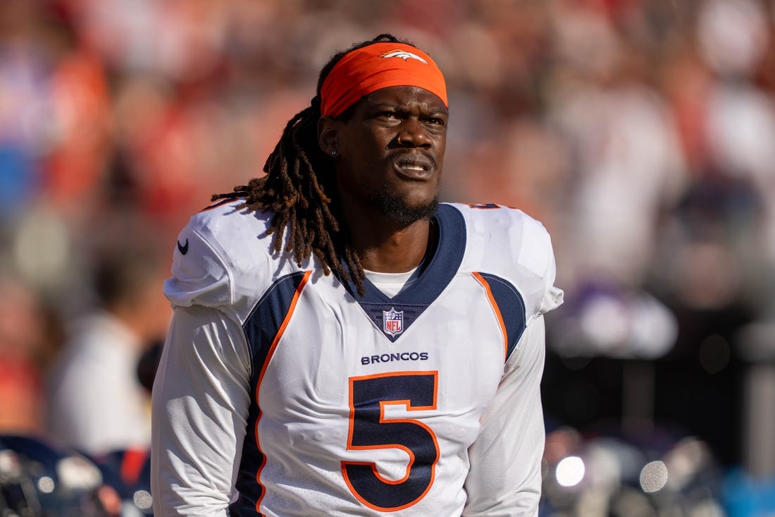 August 19, 2023; Santa Clara, California, USA; Denver Broncos linebacker Randy Gregory (5) before the game against the San Francisco 49ers at Levi's Stadium. Mandatory Credit: Kyle Terada-USA TODAY Sports