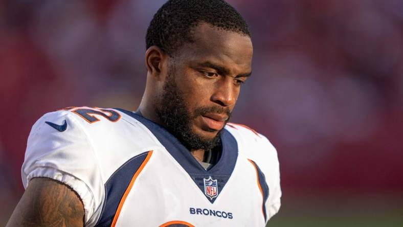 August 19, 2023; Santa Clara, California, USA; Denver Broncos safety Kareem Jackson (22) during halftime against the San Francisco 49ers at Levi's Stadium. Mandatory Credit: Kyle Terada-USA TODAY Sports