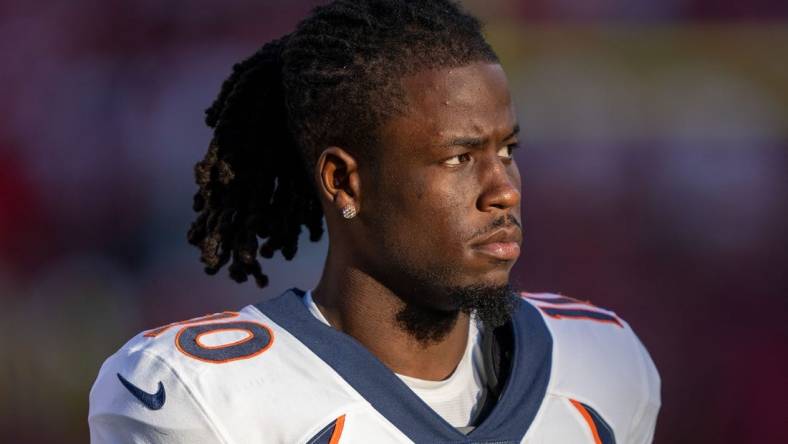 August 19, 2023; Santa Clara, California, USA; Denver Broncos wide receiver Jerry Jeudy (10) during halftime against the San Francisco 49ers at Levi's Stadium. Mandatory Credit: Kyle Terada-USA TODAY Sports