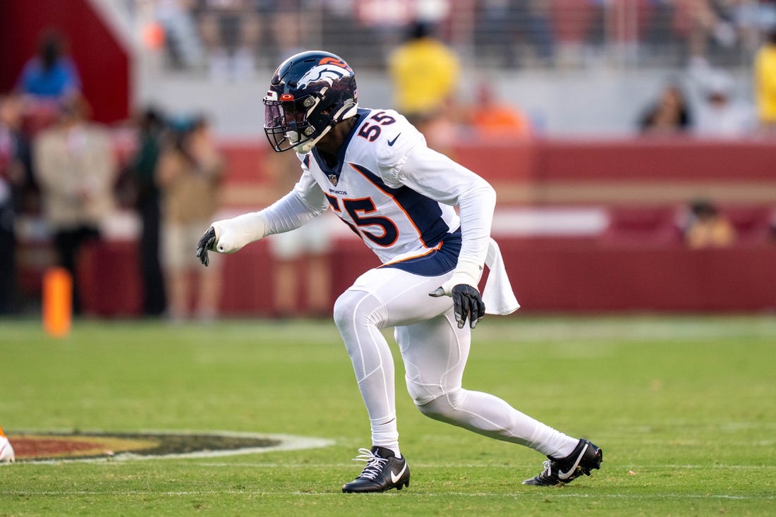 Denver Broncos linebacker Frank Clark (55) during the third quarter against the San Francisco 49ers at Levi's Stadium. Mandatory Credit: Kyle Terada-USA TODAY Sports