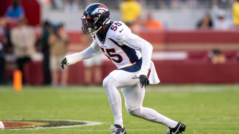 Denver Broncos linebacker Frank Clark (55) during the third quarter against the San Francisco 49ers at Levi's Stadium. Mandatory Credit: Kyle Terada-USA TODAY Sports