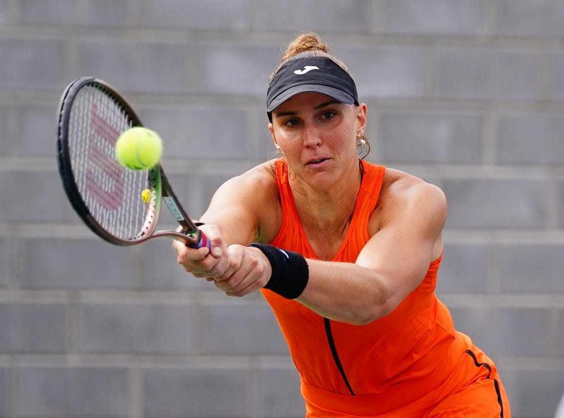 Aug 30, 2023; Flushing, NY, USA; Beatriz Haddad Maia of Brazil hits a shot against Taylor Townsend of the United States on day three of the 2023 U.S. Open tennis tournament at the USTA Billie Jean King National Tennis Center. Mandatory Credit: Jerry Lai-USA TODAY Sports