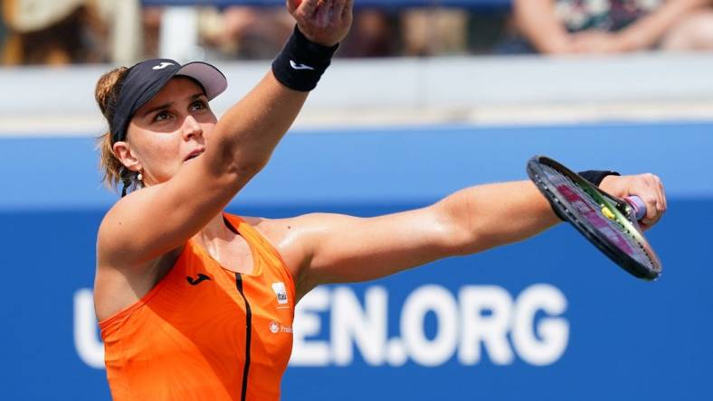 Aug 30, 2023; Flushing, NY, USA; Beatriz Haddad Maia of Brazil serves against Taylor Townsend of the United States on day three of the 2023 U.S. Open tennis tournament at the USTA Billie Jean King National Tennis Center. Mandatory Credit: Jerry Lai-USA TODAY Sports