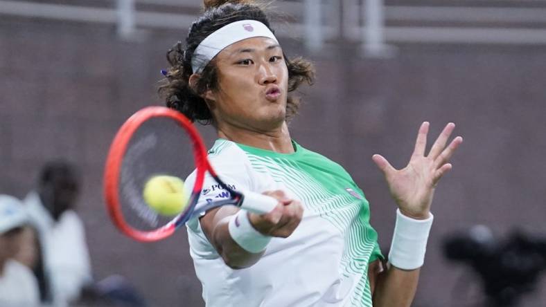 Aug 30, 2023; Flushing, NY, USA; Zhizhen Zhang of China hits to Casper Ruud of Norway on day three of the 2023 U.S. Open Tennis Championships at USTA Billie Jean King National Tennis Center. Mandatory Credit: Danielle Parhizkaran-USA TODAY Sports