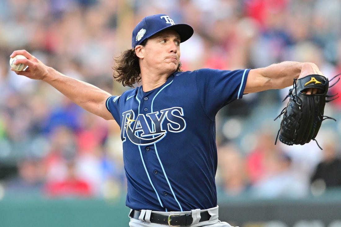 Sep 1, 2023; Cleveland, Ohio, USA; Tampa Bay Rays starting pitcher Tyler Glasnow (20) throws a pitch during the first inning against the Cleveland Guardians at Progressive Field. Mandatory Credit: Ken Blaze-USA TODAY Sports