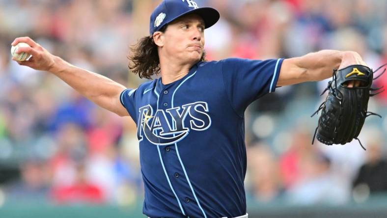 Sep 1, 2023; Cleveland, Ohio, USA; Tampa Bay Rays starting pitcher Tyler Glasnow (20) throws a pitch during the first inning against the Cleveland Guardians at Progressive Field. Mandatory Credit: Ken Blaze-USA TODAY Sports