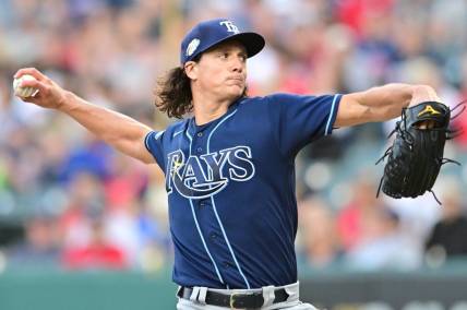 Sep 1, 2023; Cleveland, Ohio, USA; Tampa Bay Rays starting pitcher Tyler Glasnow (20) throws a pitch during the first inning against the Cleveland Guardians at Progressive Field. Mandatory Credit: Ken Blaze-USA TODAY Sports