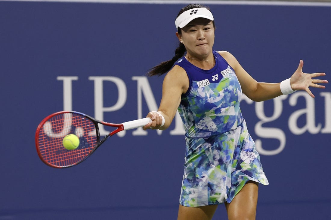 Sep 1, 2023; Flushing, NY, USA; Zhu Lin of China hits a forehand. Mandatory Credit: Geoff Burke-USA TODAY Sports