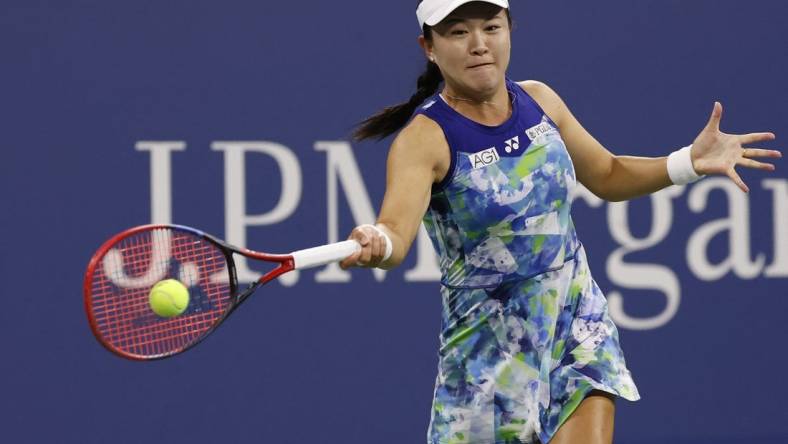 Sep 1, 2023; Flushing, NY, USA; Zhu Lin of China hits a forehand. Mandatory Credit: Geoff Burke-USA TODAY Sports