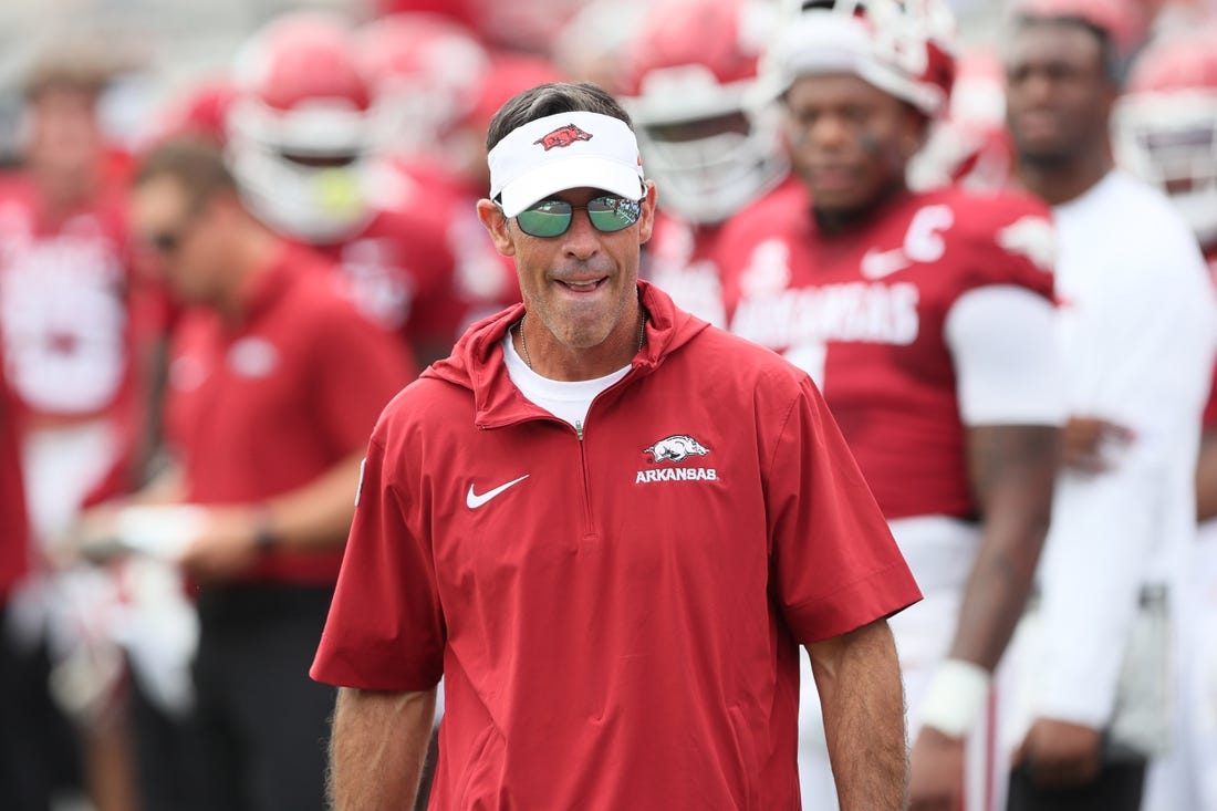 Sep 2, 2023; Little Rock, Arkansas, USA; Arkansas Razorbacks offensive coordinator and quarterbacks coach Dan Enos prior to the game against the Western Carolina Catamounts at War Memorial Stadium. Arkansas won 56-13. Mandatory Credit: Nelson Chenault-USA TODAY Sports