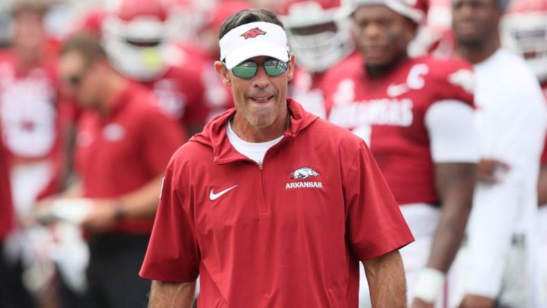 Sep 2, 2023; Little Rock, Arkansas, USA; Arkansas Razorbacks offensive coordinator and quarterbacks coach Dan Enos prior to the game against the Western Carolina Catamounts at War Memorial Stadium. Arkansas won 56-13. Mandatory Credit: Nelson Chenault-USA TODAY Sports