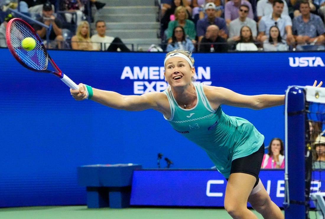 Sept 2, 2023; Flushing, NY, USA; Marie Bouzkova of Czech Republic hits to Ons Jabur of Tunisia on day six of the 2023 U.S. Open tennis tournament at USTA Billie Jean King National Tennis Center. Mandatory Credit: Robert Deutsch-USA TODAY Sports