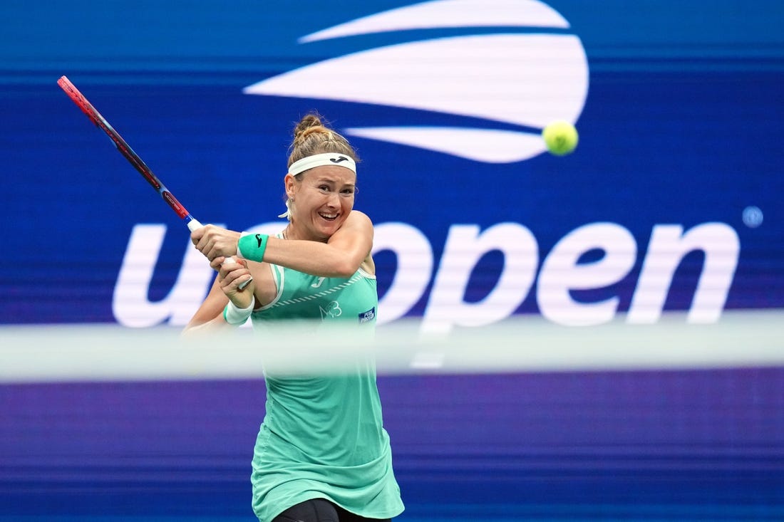 Sep 2, 2023; Flushing, NY, USA; Marie Bouzkova of Czech Republic hits to Ons Jabeur of Tunisia on day six of the 2023 U.S. Open tennis tournament at USTA Billie Jean King National Tennis Center. Mandatory Credit: Danielle Parhizkaran-USA TODAY Sports