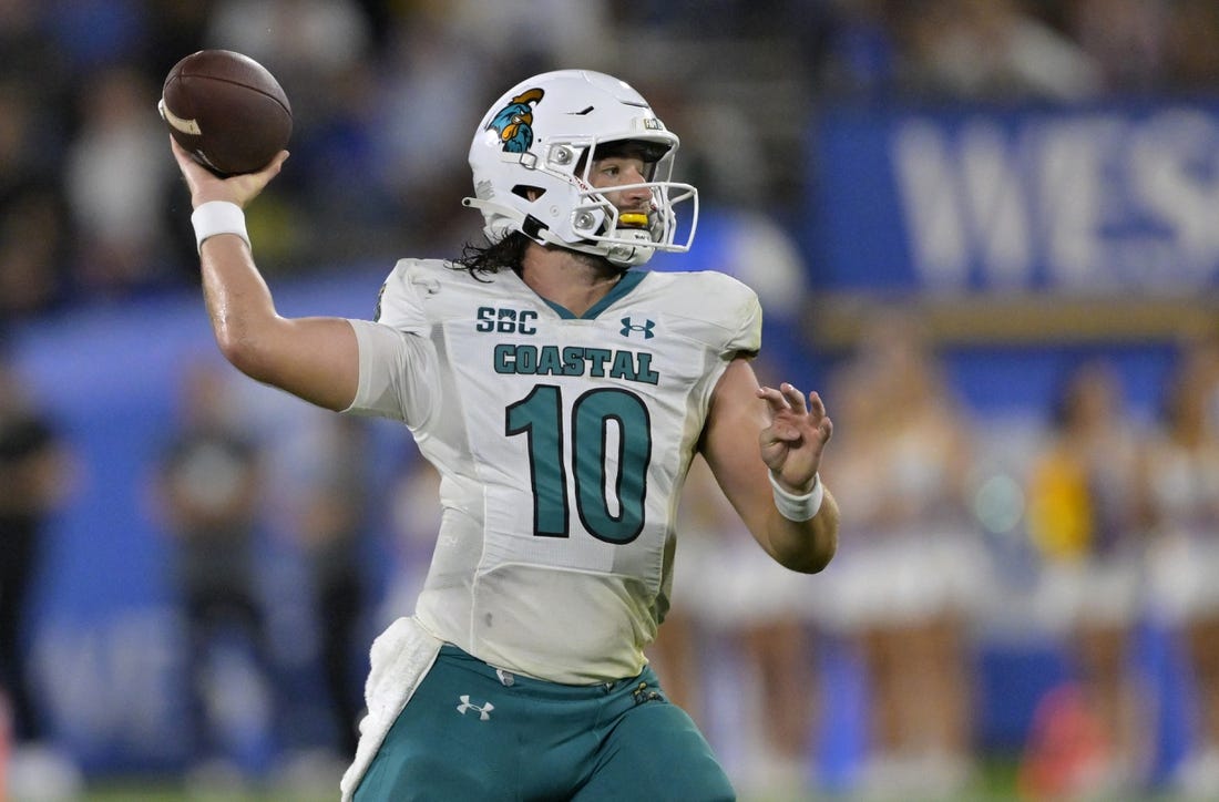 Sep 2, 2023; Pasadena, California, USA;  Coastal Carolina Chanticleers quarterback Grayson McCall (10) sets to throw a pass in the second half against the UCLA Bruins at Rose Bowl. Mandatory Credit: Jayne Kamin-Oncea-USA TODAY Sports