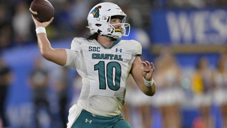 Sep 2, 2023; Pasadena, California, USA;  Coastal Carolina Chanticleers quarterback Grayson McCall (10) sets to throw a pass in the second half against the UCLA Bruins at Rose Bowl. Mandatory Credit: Jayne Kamin-Oncea-USA TODAY Sports