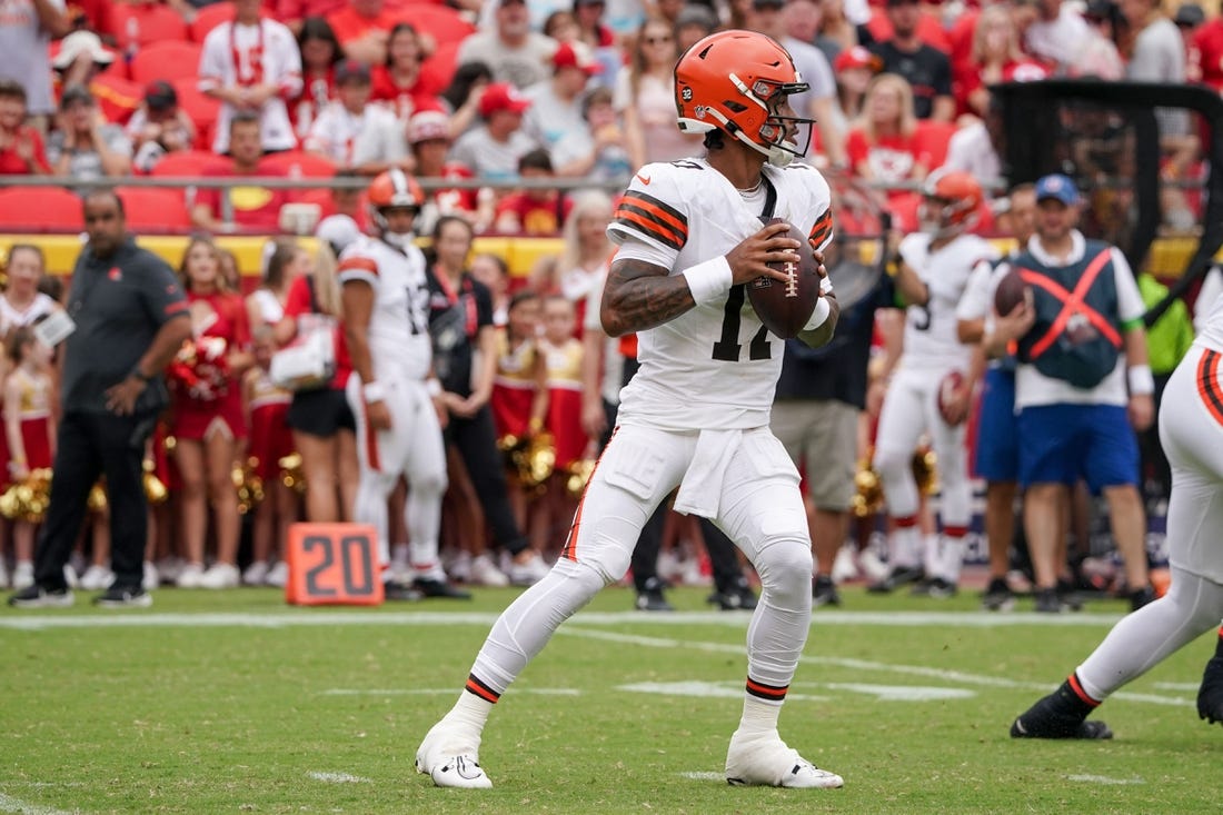 Aug 26, 2023; Kansas City, Missouri, USA; Cleveland Browns quarterback Dorian Thompson-Robinson (17) against the Kansas City Chiefs during the game at GEHA Field at Arrowhead Stadium. Mandatory Credit: Denny Medley-USA TODAY Sports