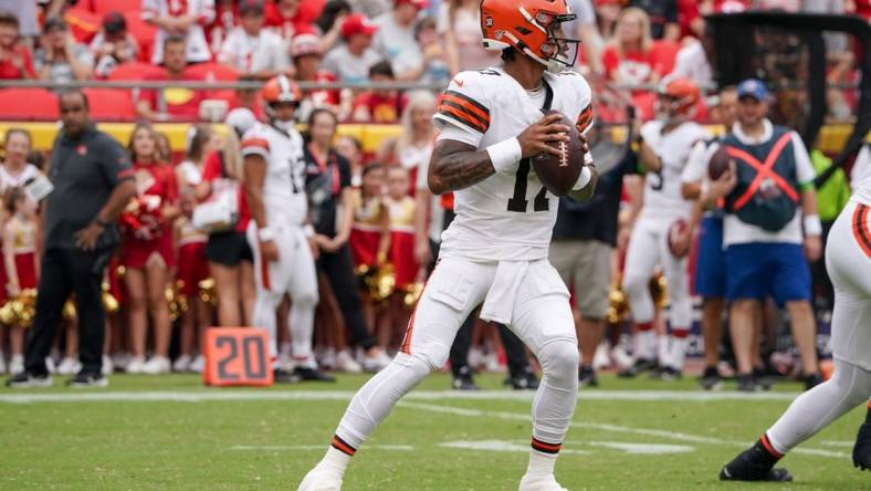 Aug 26, 2023; Kansas City, Missouri, USA; Cleveland Browns quarterback Dorian Thompson-Robinson (17) against the Kansas City Chiefs during the game at GEHA Field at Arrowhead Stadium. Mandatory Credit: Denny Medley-USA TODAY Sports