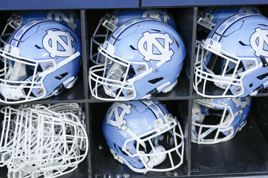 Sep 2, 2023; Charlotte, North Carolina, USA; North Carolina Tar Heels helmets during the first quarter against the South Carolina Gamecocks at Bank of America Stadium. Mandatory Credit: Jim Dedmon-USA TODAY Sports