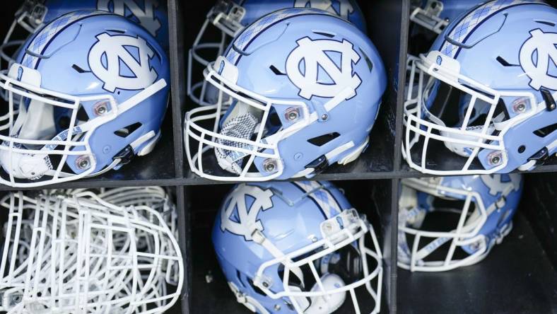 Sep 2, 2023; Charlotte, North Carolina, USA; North Carolina Tar Heels helmets during the first quarter against the South Carolina Gamecocks at Bank of America Stadium. Mandatory Credit: Jim Dedmon-USA TODAY Sports