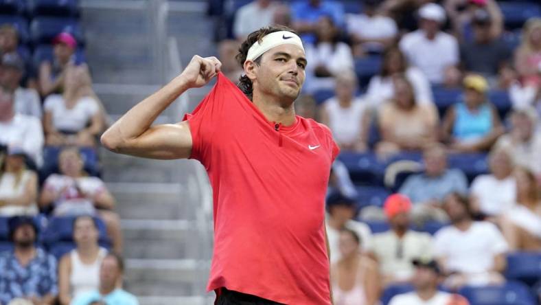 Sep 3, 2023; Flushing, NY, USA; Taylor Fritz of the United States reacts after losing a point to Dominic Stricker of Switzerland on day seven of the 2023 U.S. Open tennis tournament at USTA Billie Jean King National Tennis Center. Mandatory Credit: Danielle Parhizkaran-USA TODAY Sports