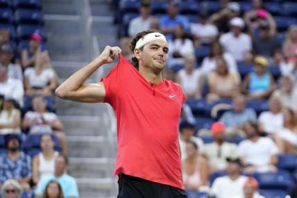 Sep 3, 2023; Flushing, NY, USA; Taylor Fritz of the United States reacts after losing a point to Dominic Stricker of Switzerland on day seven of the 2023 U.S. Open tennis tournament at USTA Billie Jean King National Tennis Center. Mandatory Credit: Danielle Parhizkaran-USA TODAY Sports