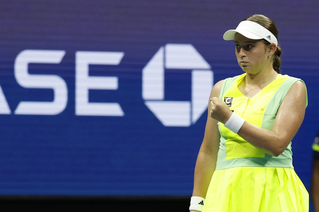 Sep 3, 2023; Flushing, NY, USA; Jelena Ostapenko of Latvia reacts after winning the second set against Iga Swiatek of Poland (not pictured) on day seven of the 2023 U.S. Open tennis tournament at USTA Billie Jean King National Tennis Center. Mandatory Credit: Geoff Burke-USA TODAY Sports