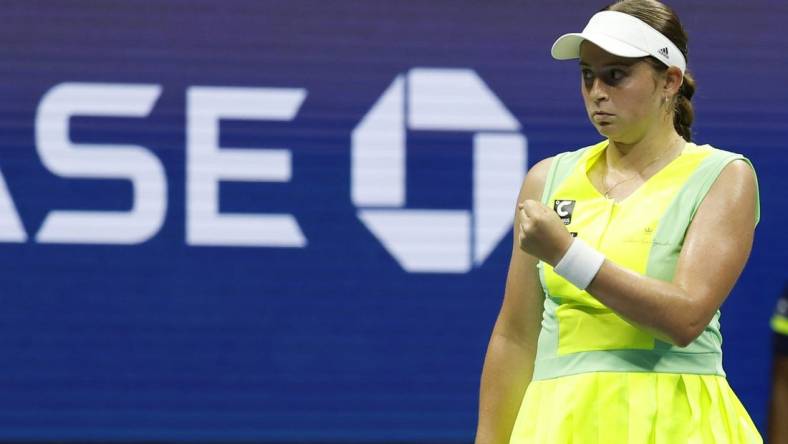 Sep 3, 2023; Flushing, NY, USA; Jelena Ostapenko of Latvia reacts after winning the second set against Iga Swiatek of Poland (not pictured) on day seven of the 2023 U.S. Open tennis tournament at USTA Billie Jean King National Tennis Center. Mandatory Credit: Geoff Burke-USA TODAY Sports