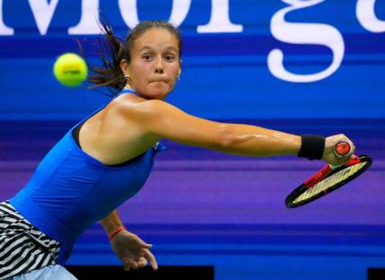 Sept 4, 2023; Flushing, NY, USA; Daria Kasatkina hits to Aryna Sabalenka on day eight of the 2023 U.S. Open tennis tournament at USTA Billie Jean King National Tennis Center. Mandatory Credit: Robert Deutsch-USA TODAY Sports