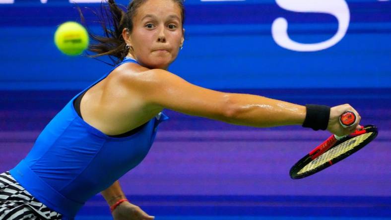 Sept 4, 2023; Flushing, NY, USA; Daria Kasatkina hits to Aryna Sabalenka on day eight of the 2023 U.S. Open tennis tournament at USTA Billie Jean King National Tennis Center. Mandatory Credit: Robert Deutsch-USA TODAY Sports