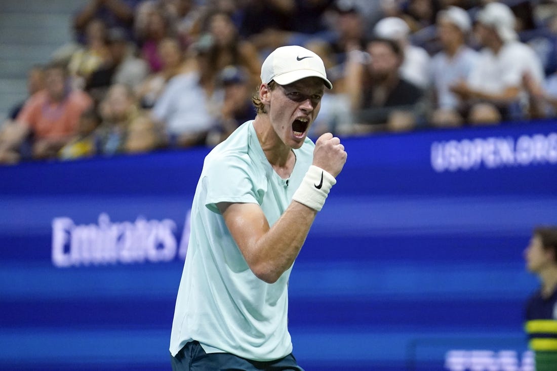 Sep 4, 2023; Flushing, NY, USA; Jannik Sinner of Italy wins a game against Alexander Zverev of Germany on day eight of the 2023 U.S. Open tennis tournament at USTA Billie Jean King National Tennis Center. Mandatory Credit: Danielle Parhizkaran-USA TODAY Sports