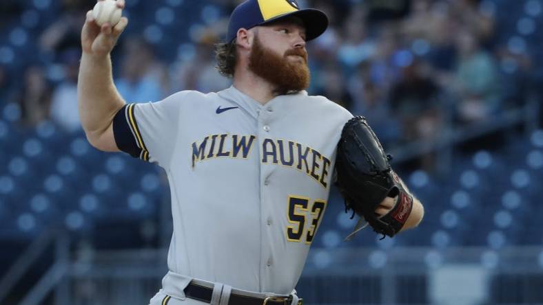 Sep 5, 2023; Pittsburgh, Pennsylvania, USA; Milwaukee Brewers starting pitcher Brandon Woodruff (53) delivers a pitch against the Pittsburgh Pirates during the first inning at PNC Park. Mandatory Credit: Charles LeClaire-USA TODAY Sports