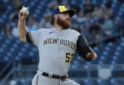 Sep 5, 2023; Pittsburgh, Pennsylvania, USA; Milwaukee Brewers starting pitcher Brandon Woodruff (53) delivers a pitch against the Pittsburgh Pirates during the first inning at PNC Park. Mandatory Credit: Charles LeClaire-USA TODAY Sports