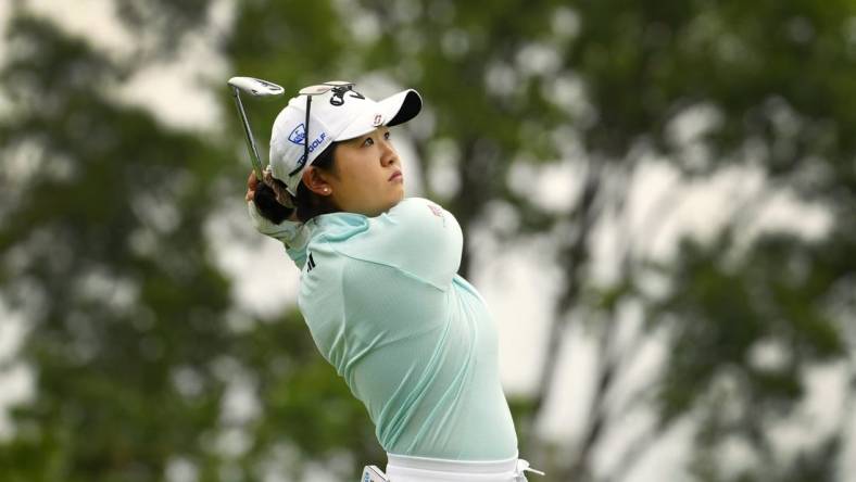 Sep 8, 2023; Madeira, OH, USA;  Rose Zhang, Irvine, Calif., tees off the 14th hole in the 2023 Kroger Queen City Championship presented by P&G at Kenwood Country Club in Madeira, Ohio, Friday, Sept. 8, 2023. Mandatory Credit: Liz Dufour-USA TODAY Sports