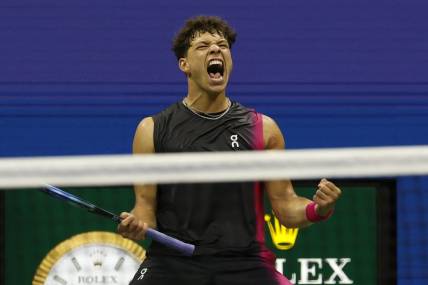 Sep 8, 2023; Flushing, NY, USA; Ben Shelton of the United States reacts after winning a point against Novak Djokovic of Serbia (not pictured) in a men's singles semifinal on day twelve of the 2023 U.S. Open tennis tournament at USTA Billie Jean King Tennis Center. Mandatory Credit: Geoff Burke-USA TODAY Sports
