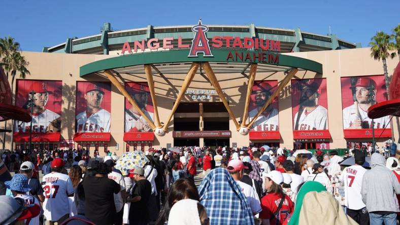 Sep 8, 2023; Anaheim, California, USA; A general overall view as fans arrive before the game between the Los Angeles Angels and the Cleveland Guardians at Angel Stadium. Mandatory Credit: Kirby Lee-USA TODAY Sports