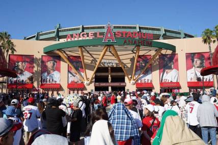 Sep 8, 2023; Anaheim, California, USA; A general overall view as fans arrive before the game between the Los Angeles Angels and the Cleveland Guardians at Angel Stadium. Mandatory Credit: Kirby Lee-USA TODAY Sports