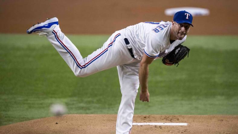 Sep 6, 2023; Arlington, Texas, USA; Texas Rangers starting pitcher Max Scherzer (31) in action during the game between the Texas Rangers and the Houston Astros at Globe Life Field. Mandatory Credit: Jerome Miron-USA TODAY Sports