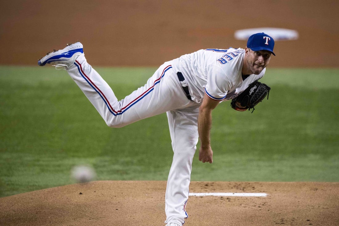 Sep 6, 2023; Arlington, Texas, USA; Texas Rangers starting pitcher Max Scherzer (31) in action during the game between the Texas Rangers and the Houston Astros at Globe Life Field. Mandatory Credit: Jerome Miron-USA TODAY Sports