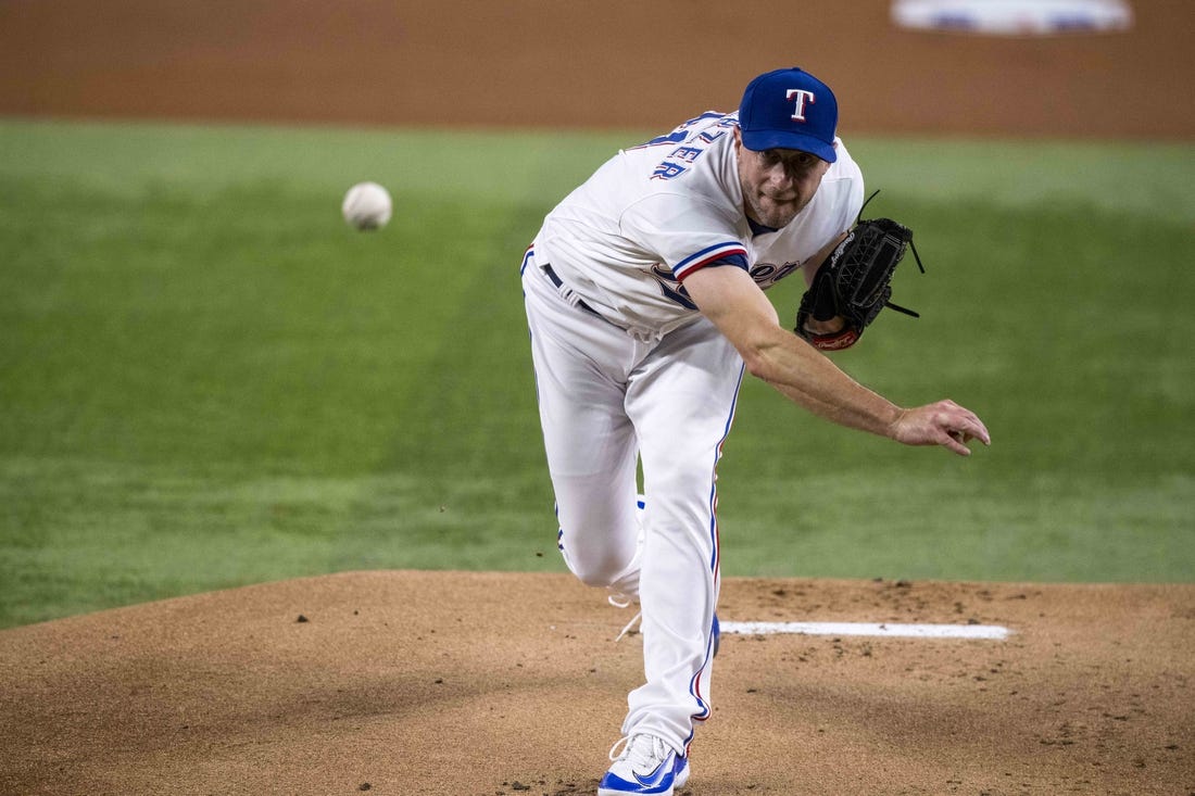 Sep 6, 2023; Arlington, Texas, USA; Texas Rangers starting pitcher Max Scherzer (31) in action during the game between the Texas Rangers and the Houston Astros at Globe Life Field. Mandatory Credit: Jerome Miron-USA TODAY Sports