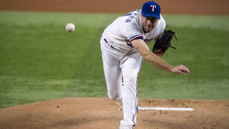 Sep 6, 2023; Arlington, Texas, USA; Texas Rangers starting pitcher Max Scherzer (31) in action during the game between the Texas Rangers and the Houston Astros at Globe Life Field. Mandatory Credit: Jerome Miron-USA TODAY Sports